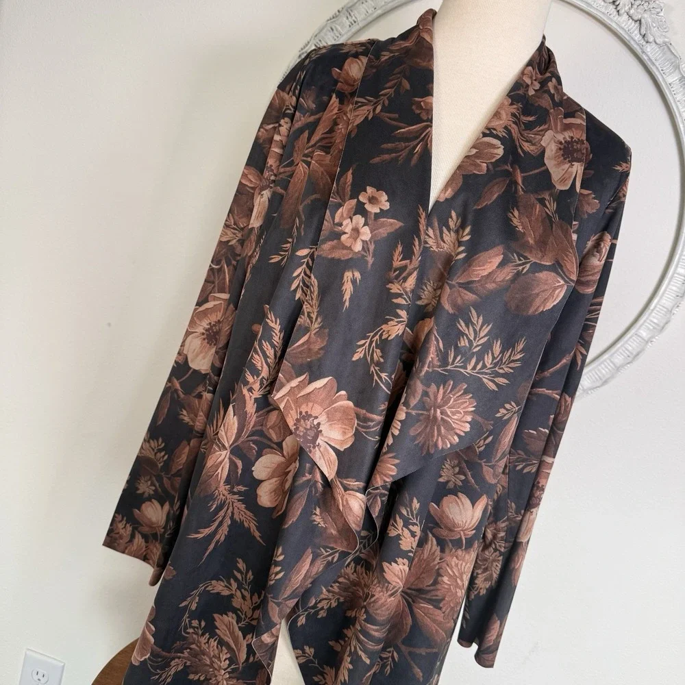Soft Surroundings Draped Shape Faux Suede Open Front‎ Jacket Botanical Floral S